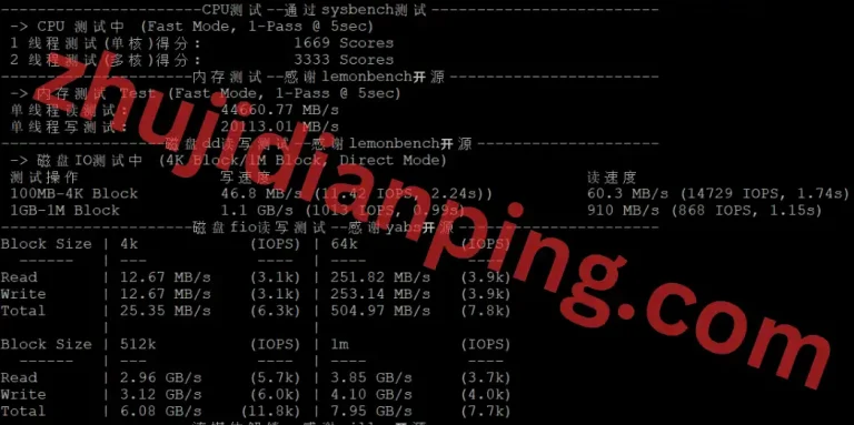 野草云(yecaoyun)香港AMD VPSCPU/IO测试结果