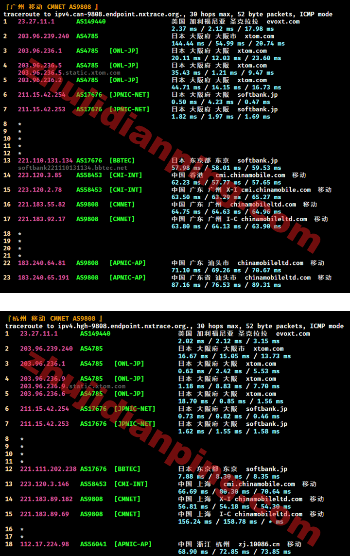 日本VPS-广州杭州移动回程